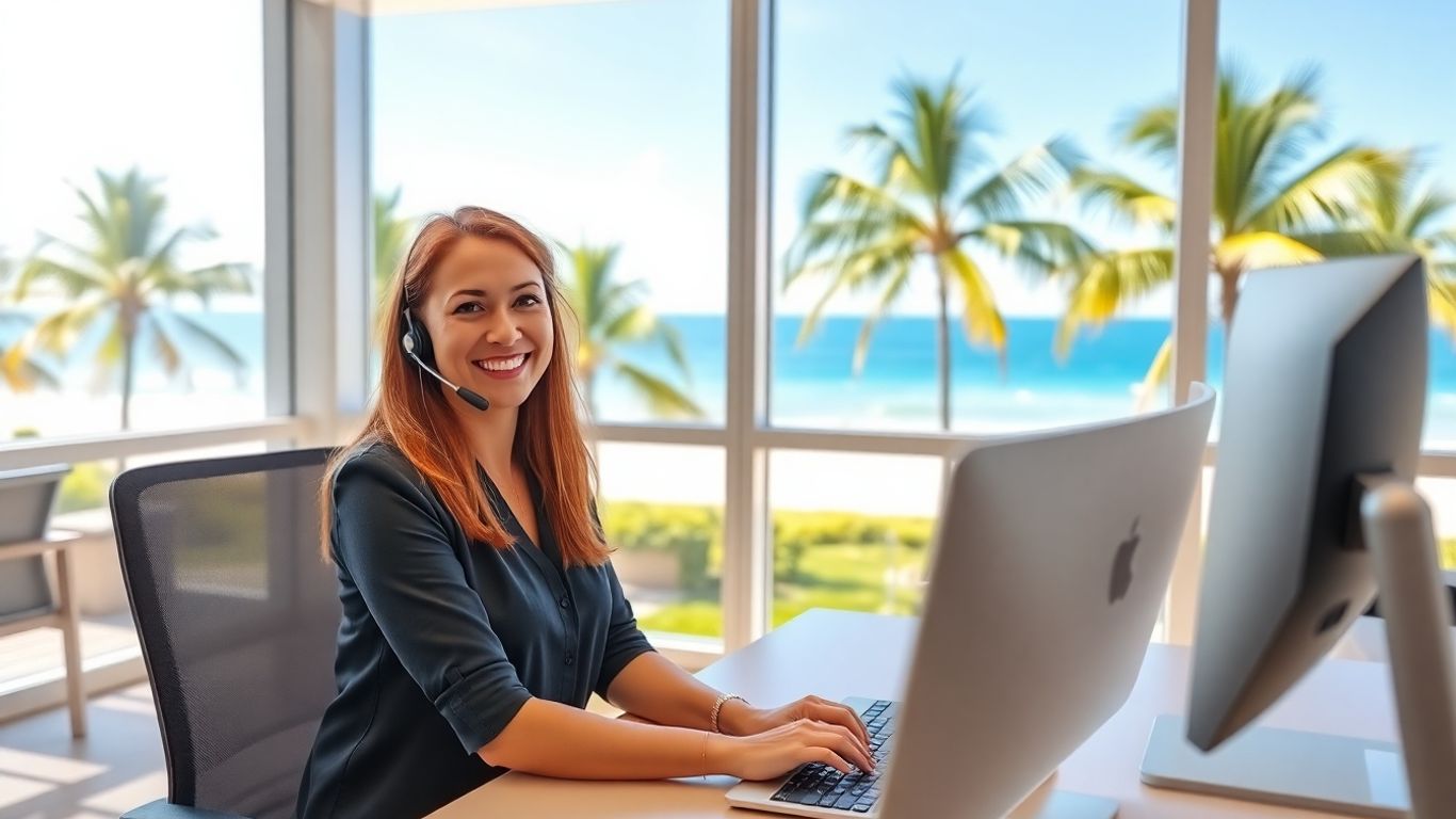 Virtual receptionist at desk with Pompano Beach view