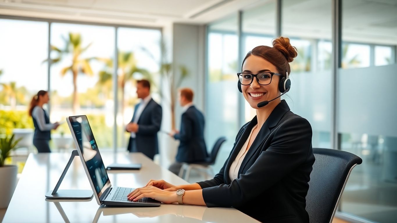 Virtual receptionist with headset in modern Clearwater office