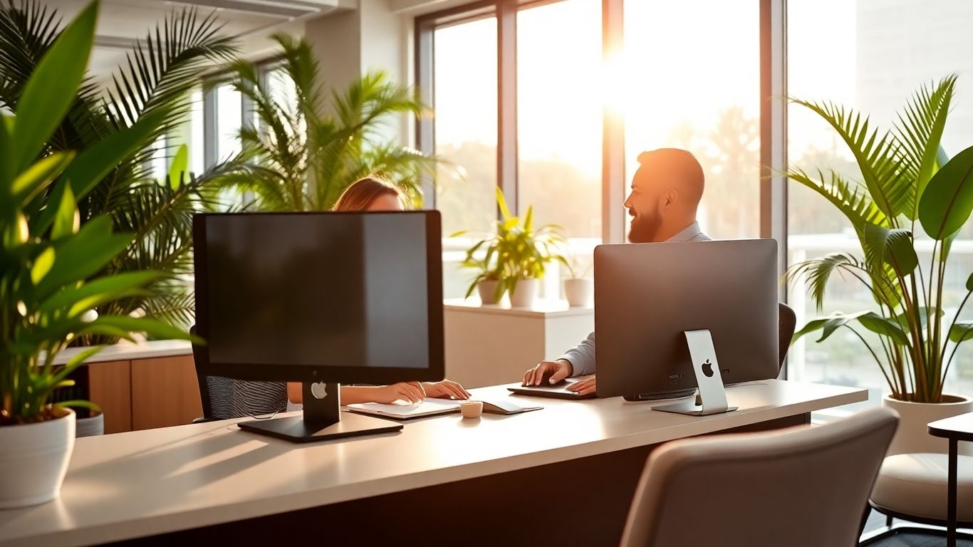 Business owner interacting with virtual receptionist in sunny office