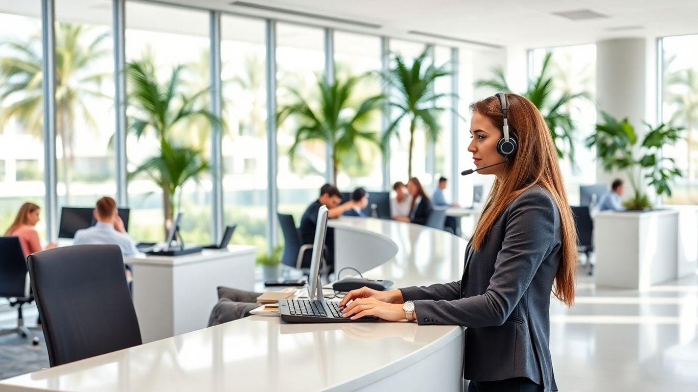 Receptionist with headset in Pompano Beach office
