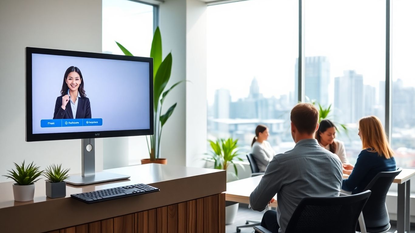 Friendly virtual receptionist in modern Melbourne office setting