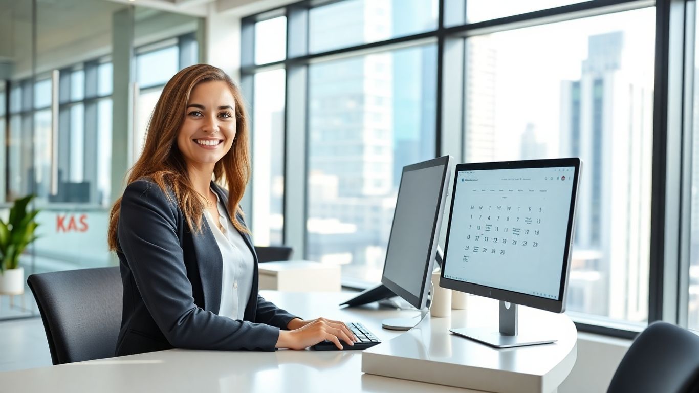 Virtual receptionist at desk with appointment calendar on screen