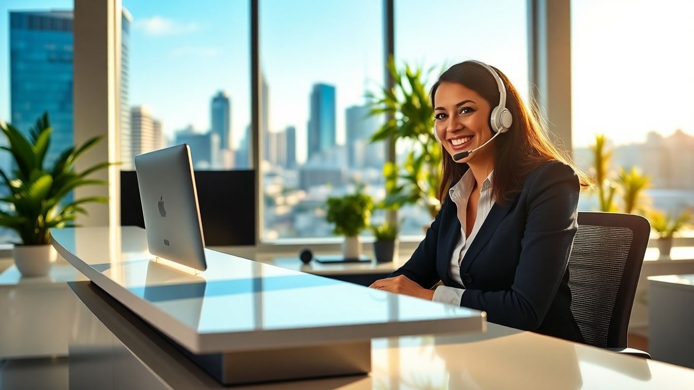 Professional receptionist in Melbourne office with city view