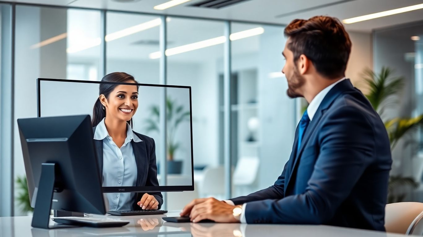 Office worker greeted by virtual receptionist on computer
