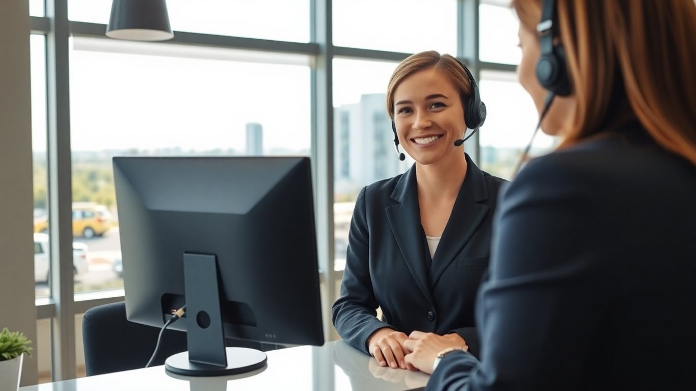 Virtual receptionist greets business professional in modern office