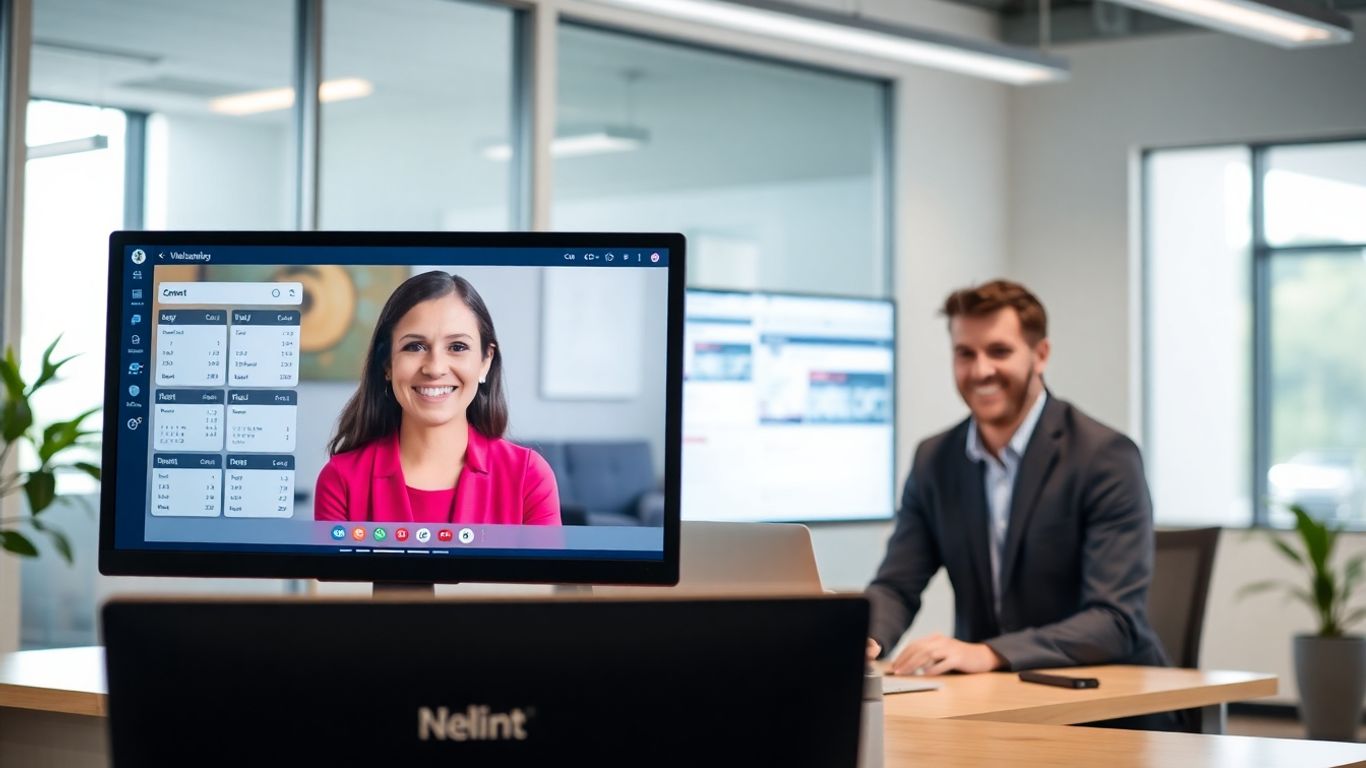 Virtual receptionist video chatting with business owner.