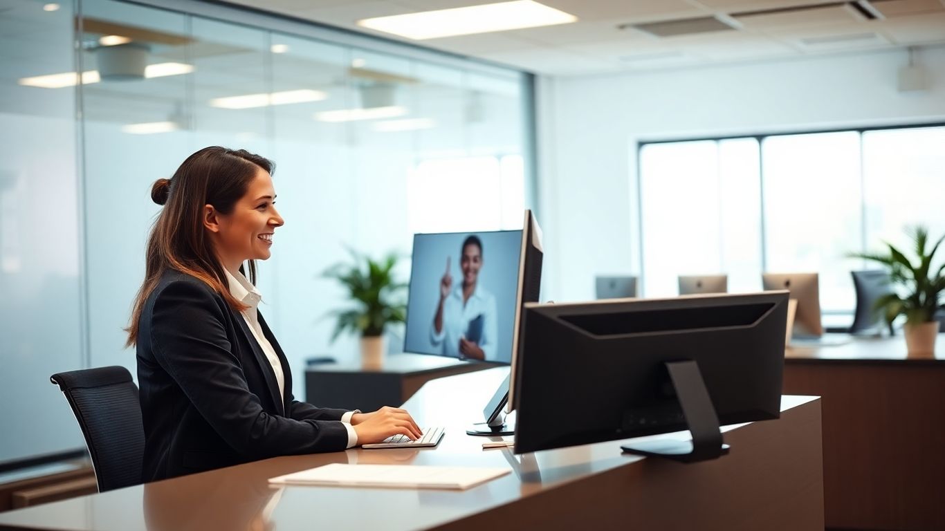 Receptionist on video call in branded office space