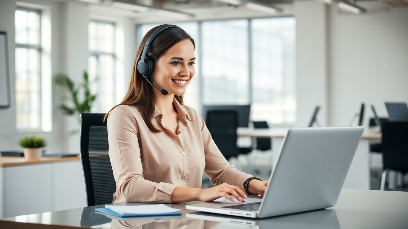 Virtual receptionist at desk in bright modern office