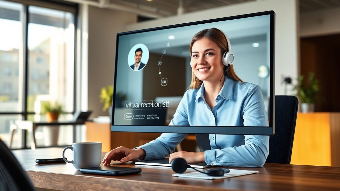 Businessperson interacting with a virtual receptionist on computer
