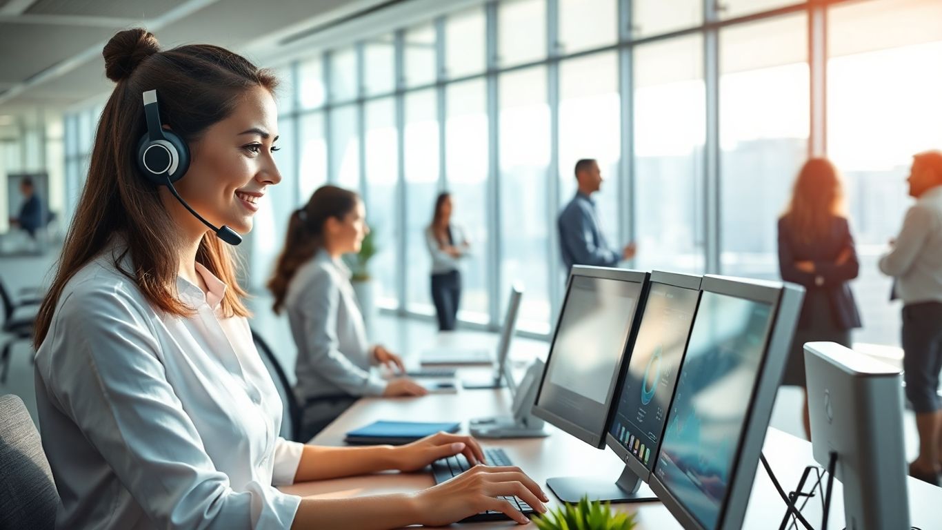 Receptionist using headset in a bright modern office