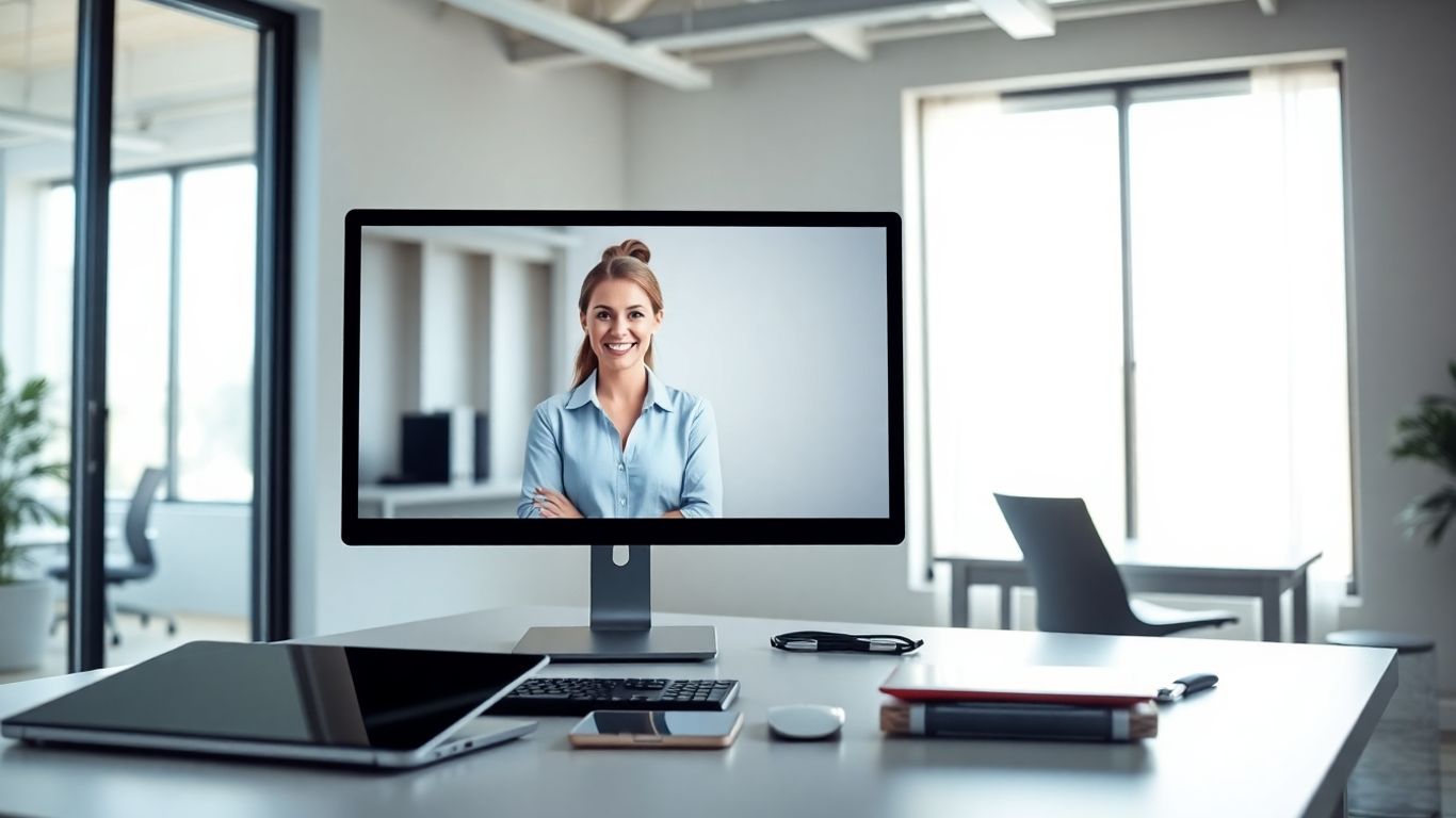 Virtual receptionist at modern desk with business tech