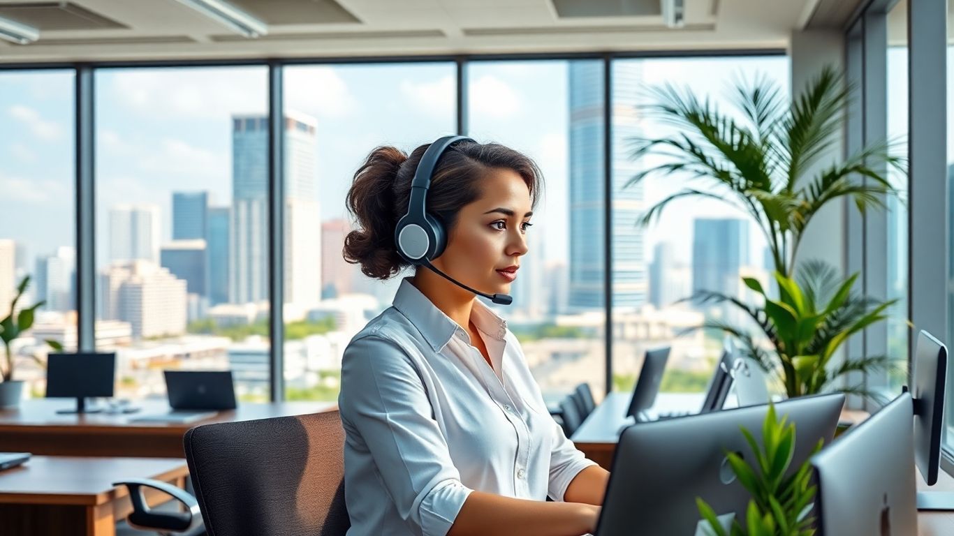 Virtual receptionist managing many calls in modern office.