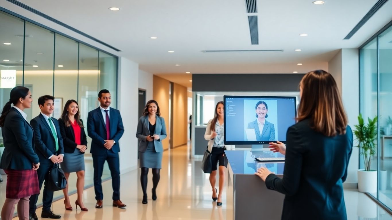 Virtual receptionist greeting businesspeople in West Palm Beach office