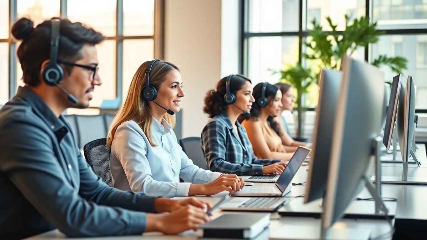 Receptionist team on headsets in a modern office