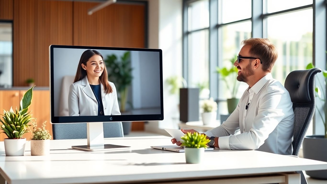Virtual receptionist interacting in a modern office environment.