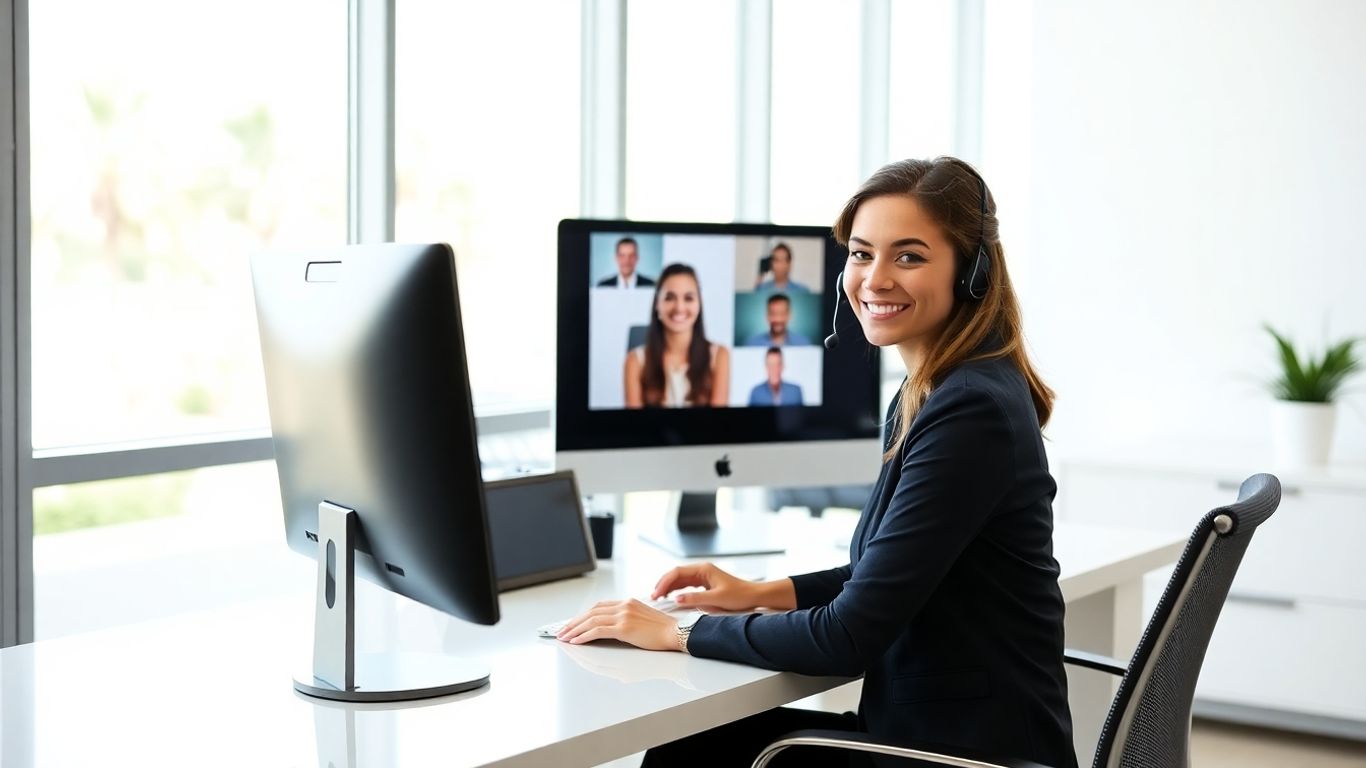 Female virtual receptionist at computer in sunny office