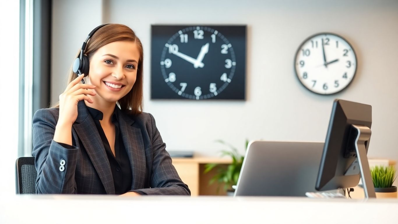 Virtual receptionist answering calls in modern office at night