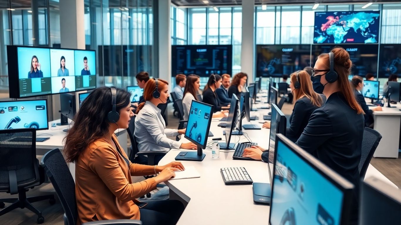 Modern virtual receptionists answering multiple business calls