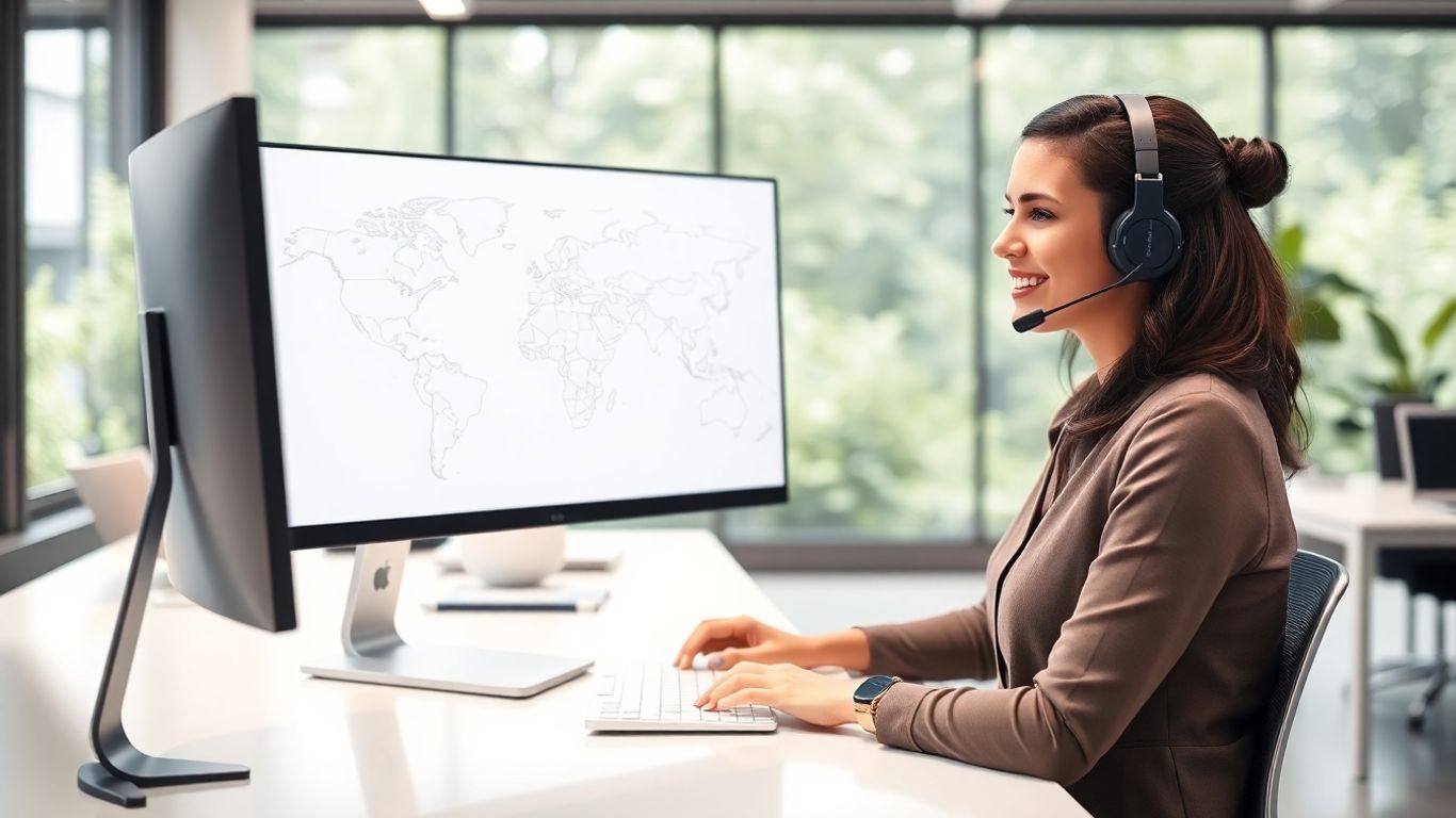 Virtual receptionist in modern office assisting global clients