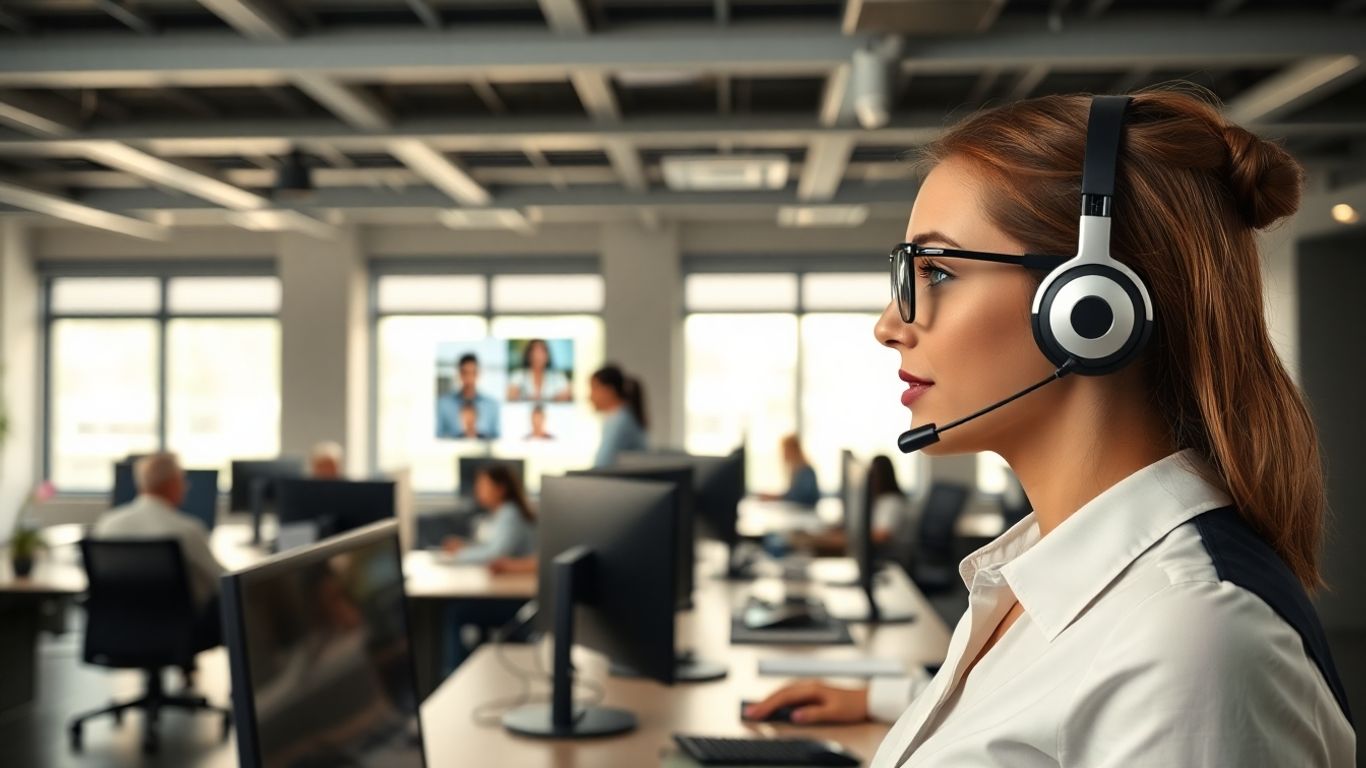 Receptionist answering multiple calls in a modern office