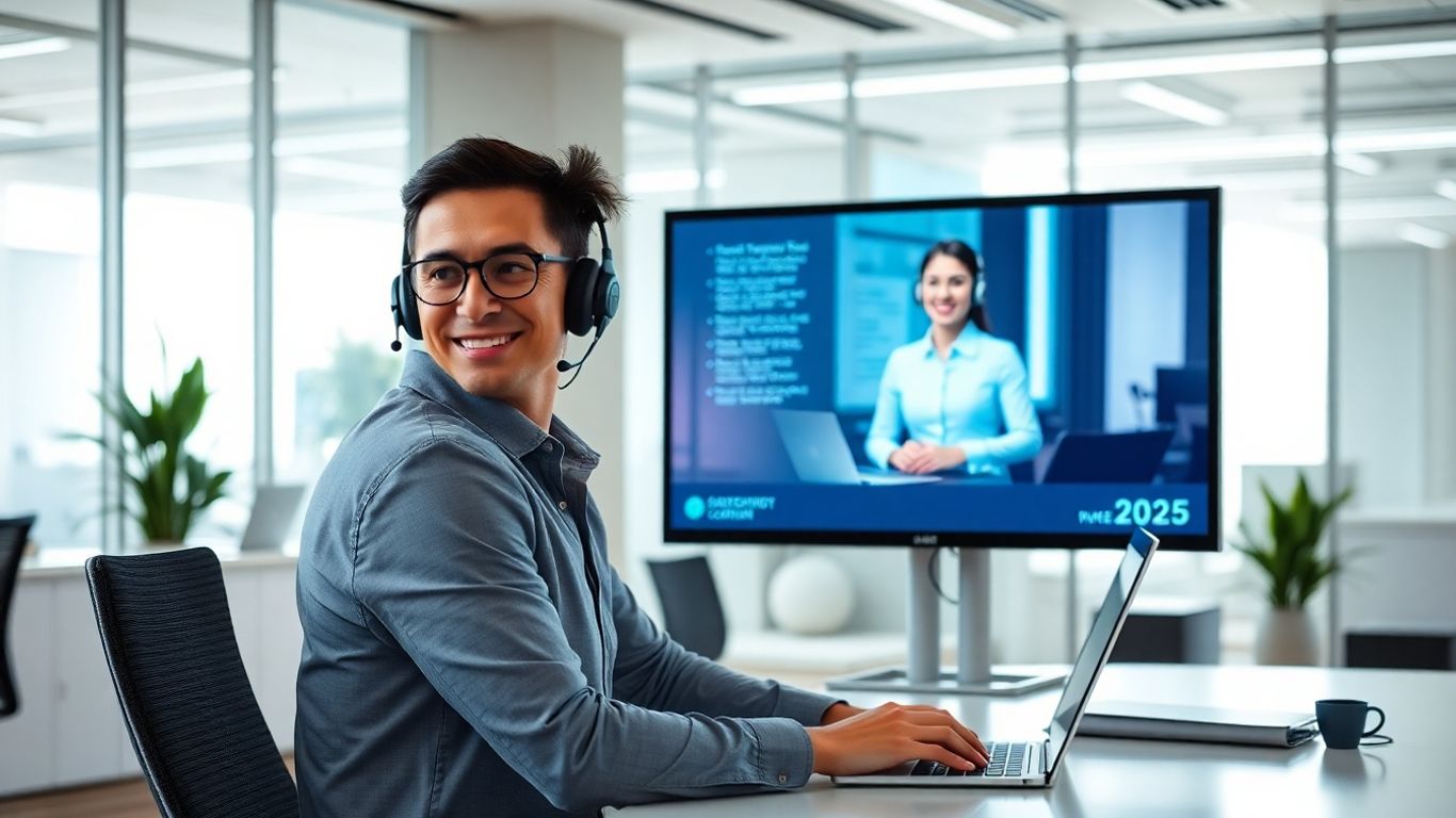 Virtual receptionist on screen in modern office environment.