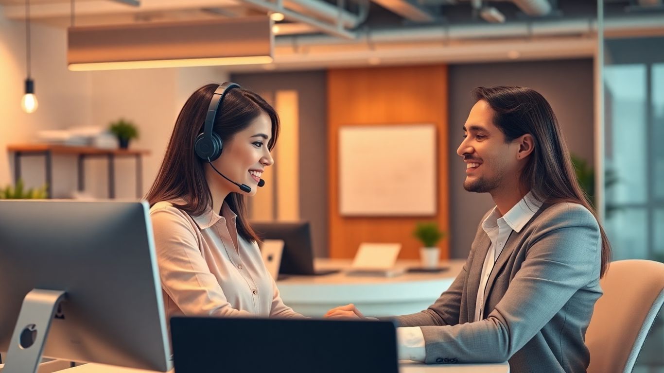 Receptionist assisting business client in modern office