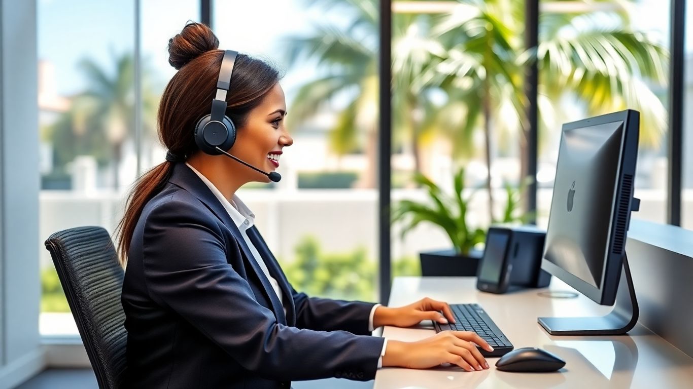 Virtual receptionist answering business calls in Miami office