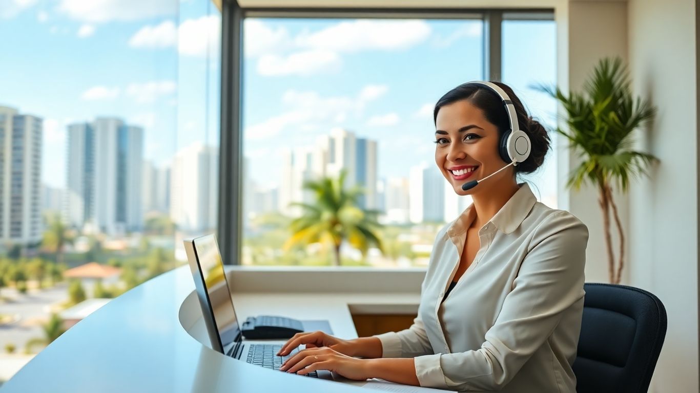 Receptionist with headset in Miami office, palm trees outside.