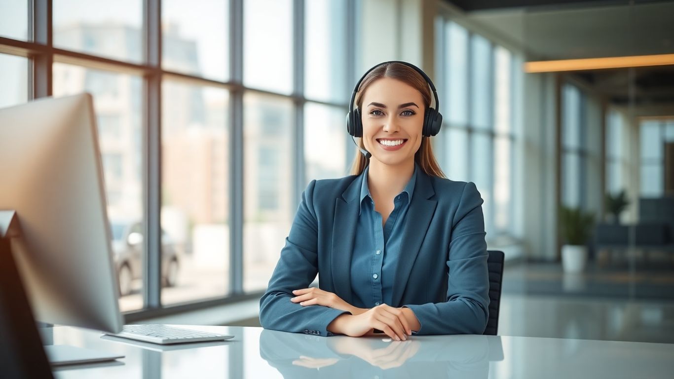 Smiling virtual receptionist at modern office desk headset