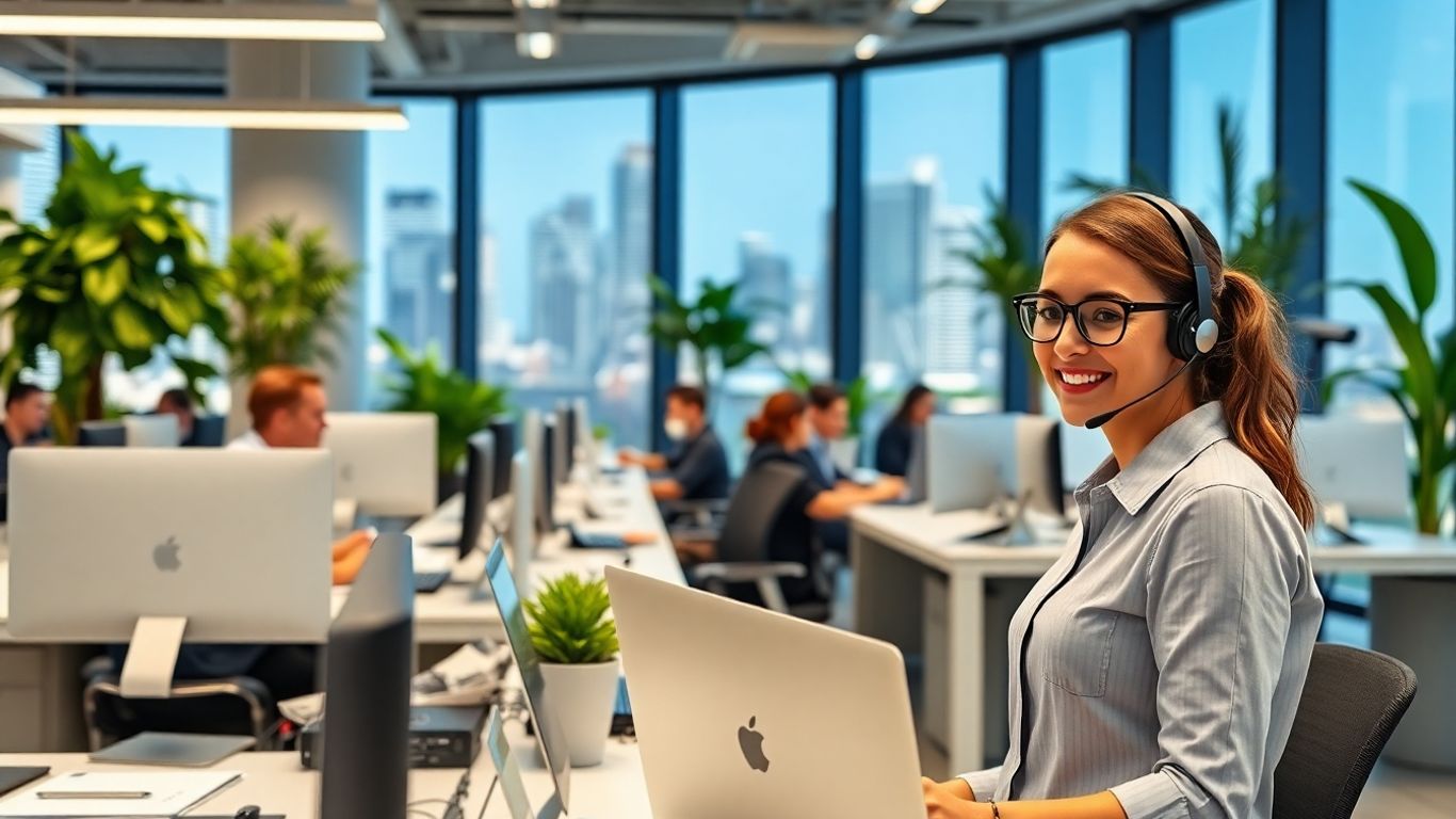 Modern office with smiling virtual receptionist at desk