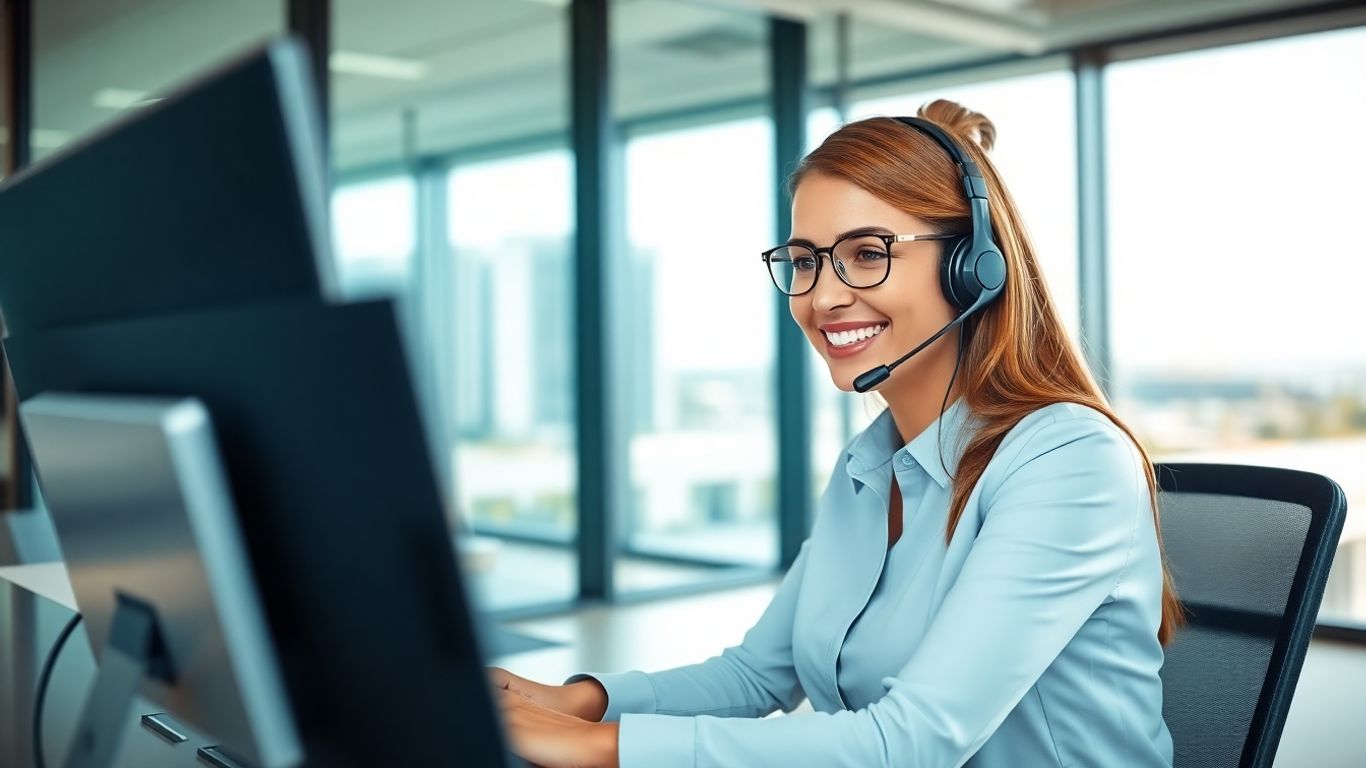 Virtual receptionist at office desk with Daytona Beach skyline