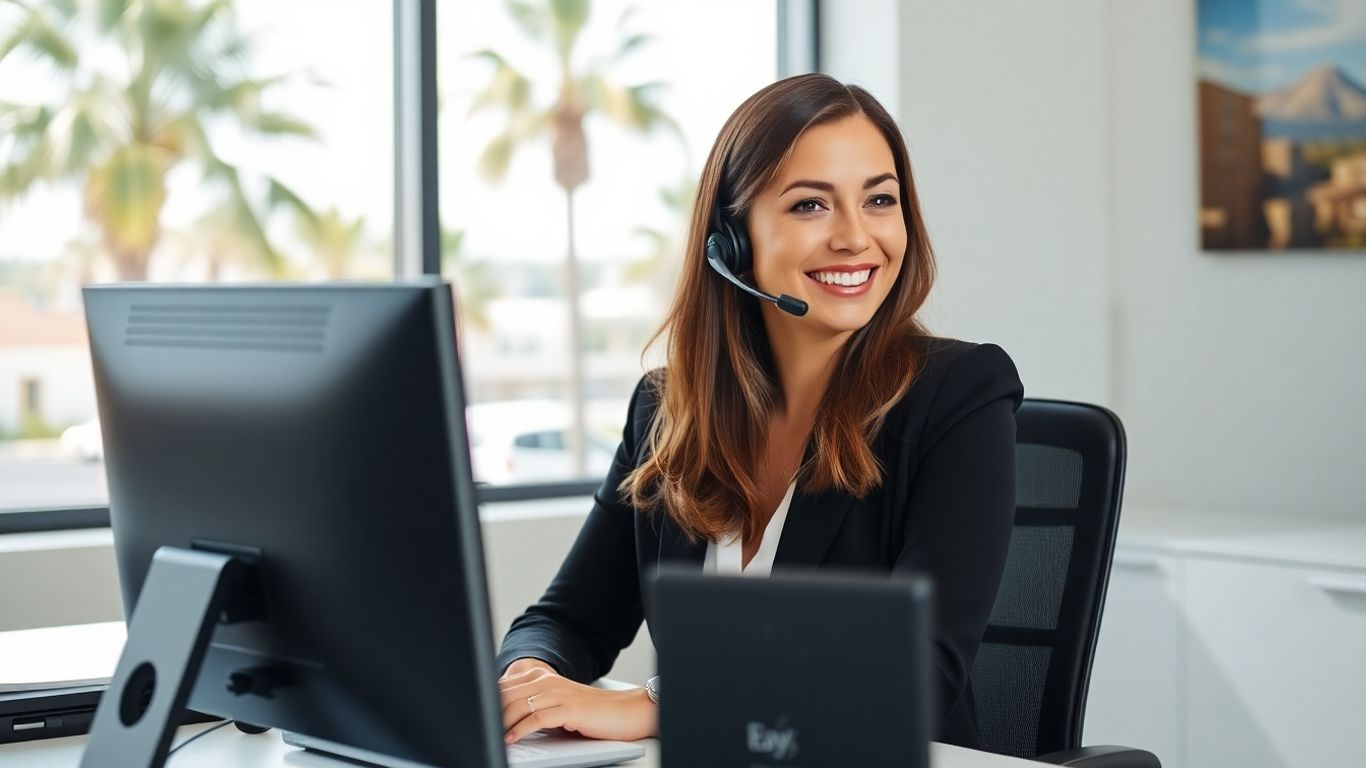 Virtual receptionist at desk with Daytona Beach background