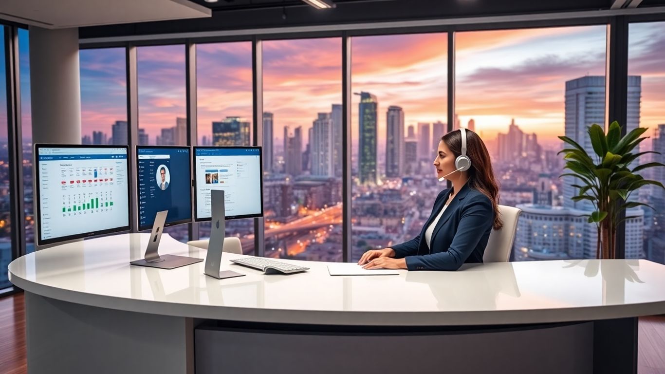Virtual receptionist at desk with city skyline background