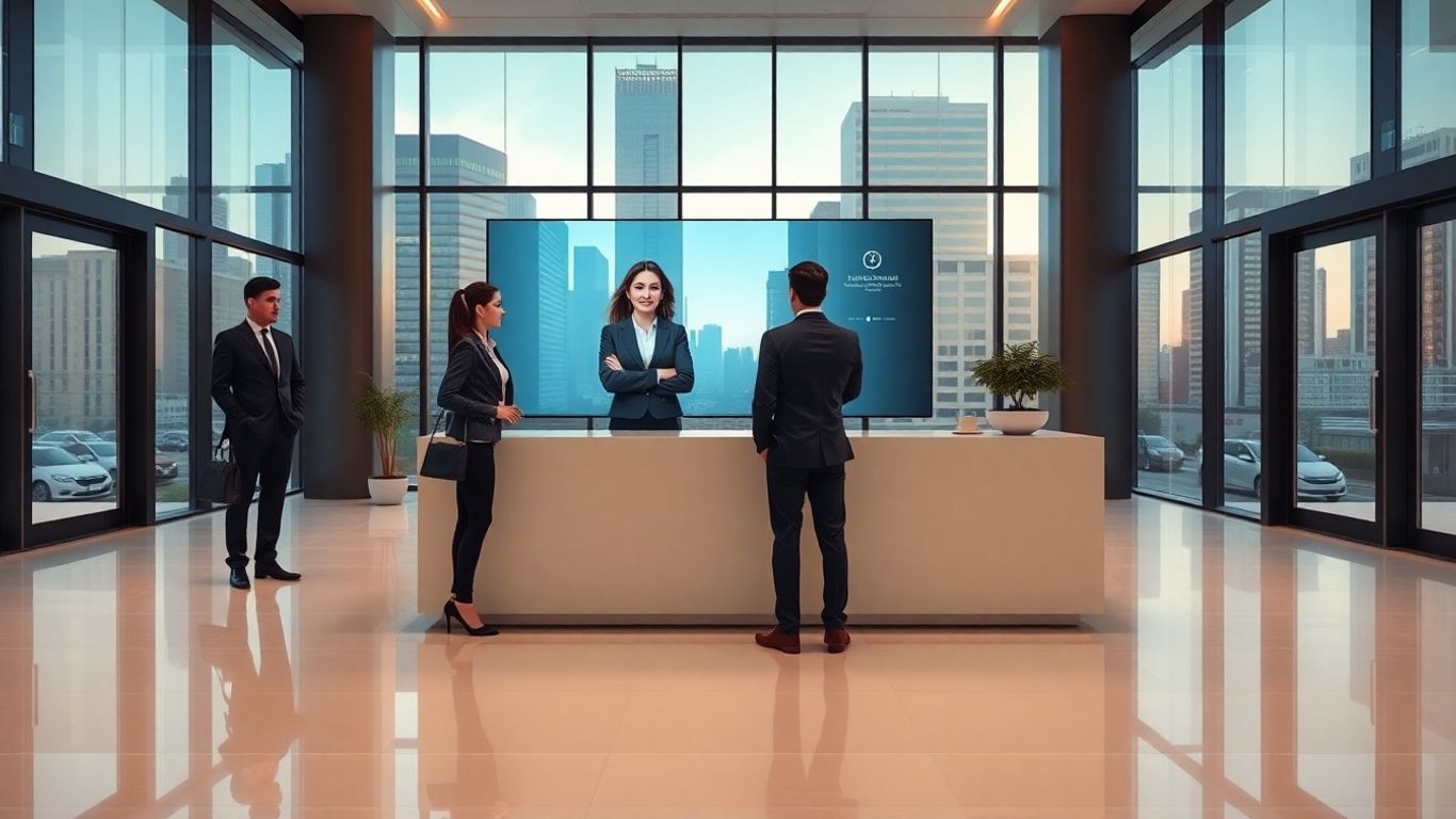 Virtual receptionist at office lobby greeting professionals