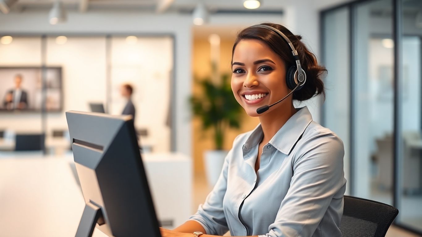 Receptionist with headset in modern Gainesville office