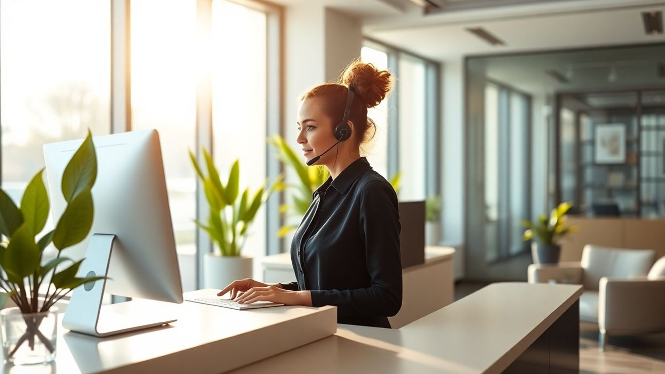 Receptionist with headset at modern office front desk