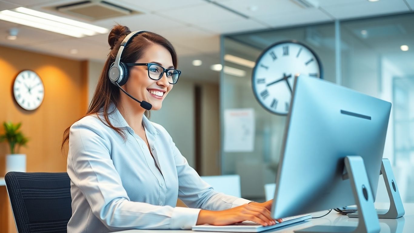 Virtual receptionist at computer with clock in office background