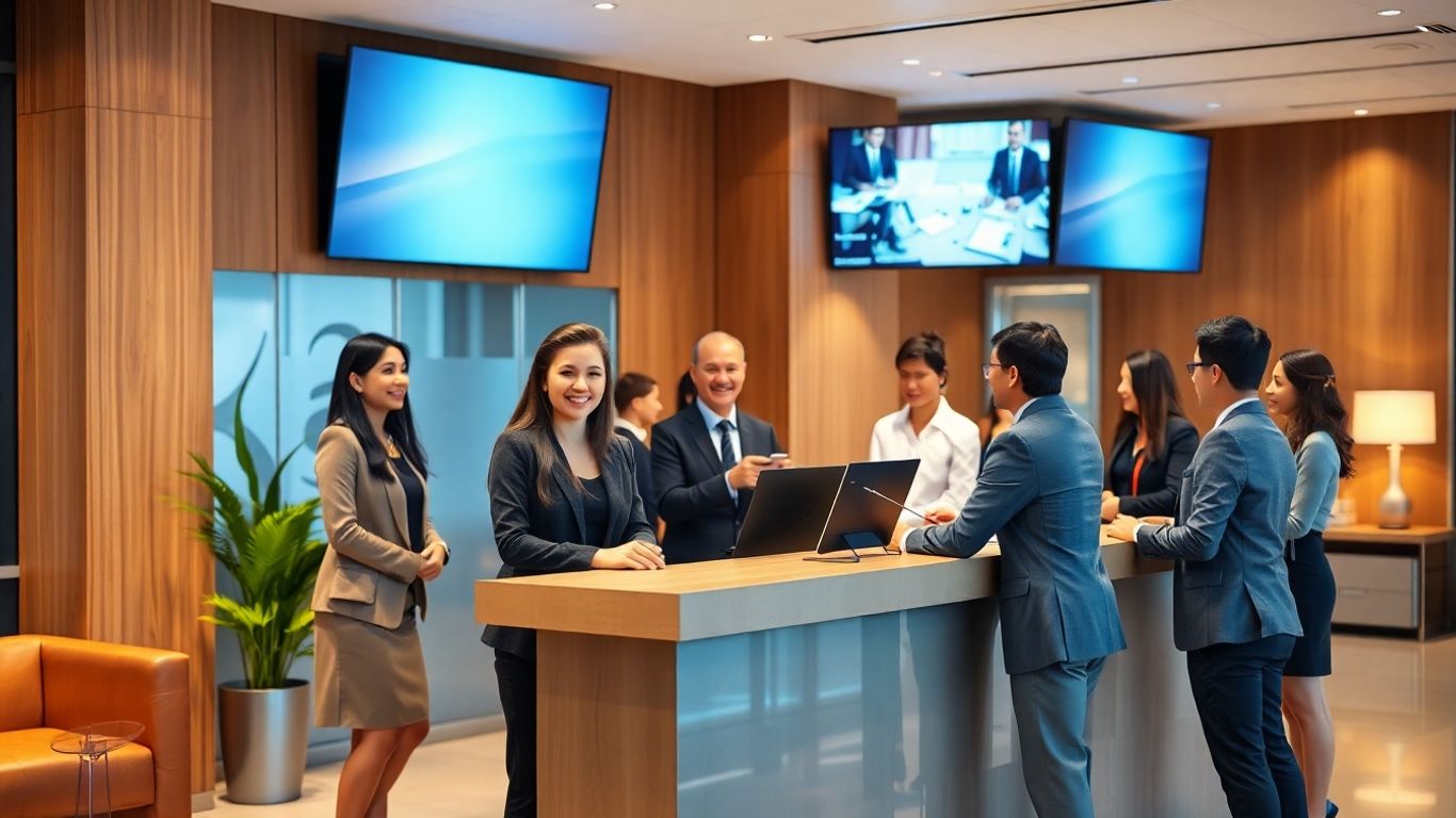 Friendly receptionist greeting professionals in modern office