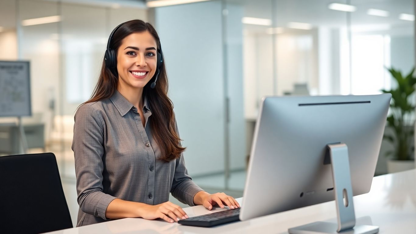 Virtual receptionist answering business call in modern office