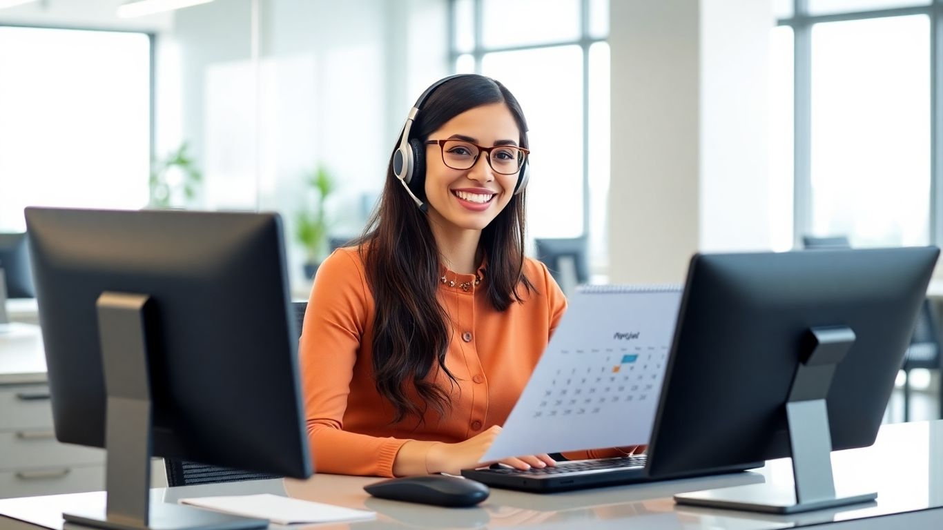 Virtual receptionist at computer managing digital schedule.
