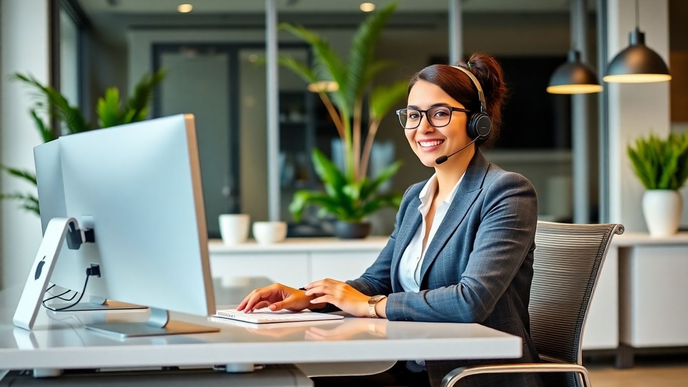 Virtual receptionist at modern desk with video call
