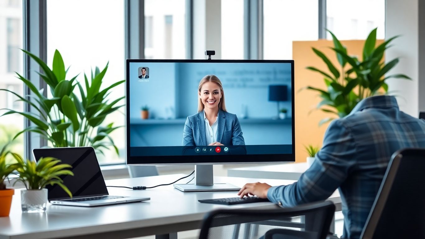 Virtual receptionist assisting business professional in modern office