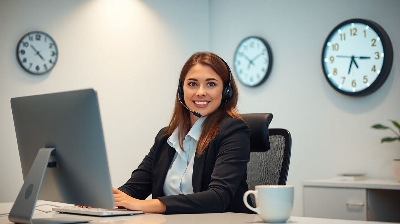 Virtual receptionist working late night at the office