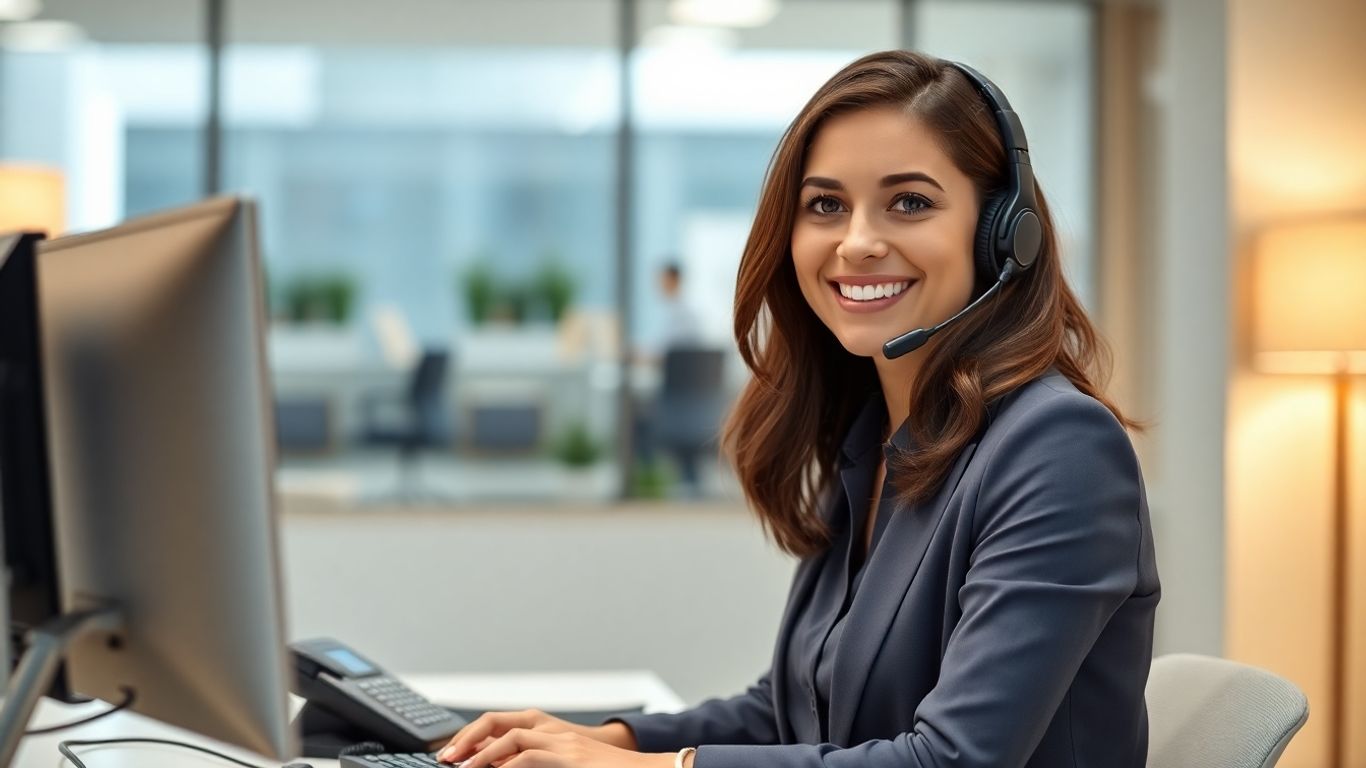 Virtual receptionist with headset in modern office environment.