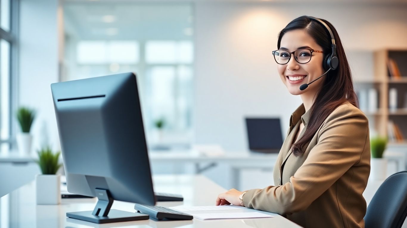 Virtual receptionist at modern office desk with headset