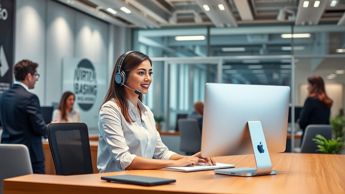 Virtual receptionist at desk with team in office