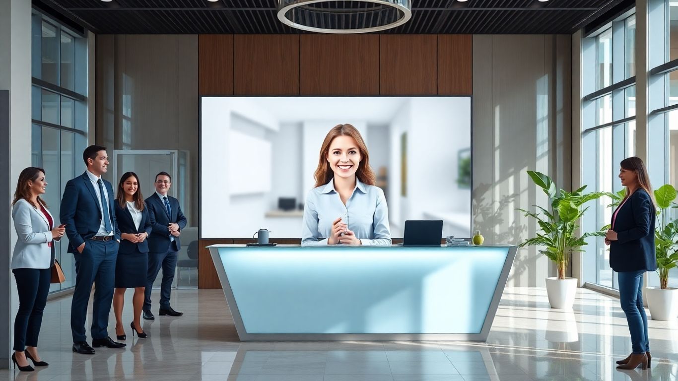 Professional virtual receptionist greets clients in modern office