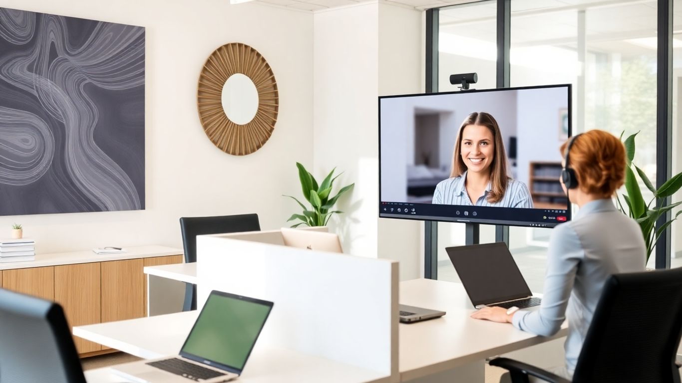 Virtual receptionist assisting business in modern Carlsbad office.