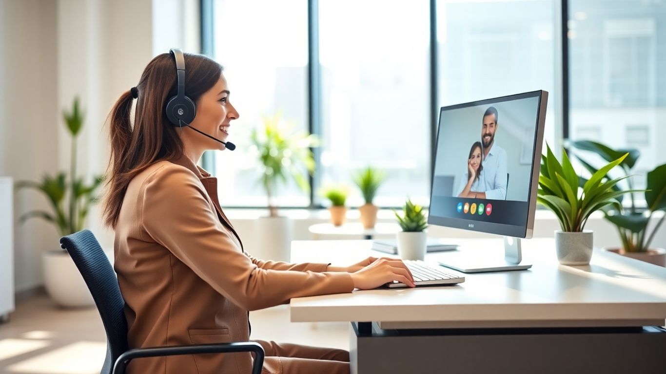 Virtual receptionist answering business call in modern office
