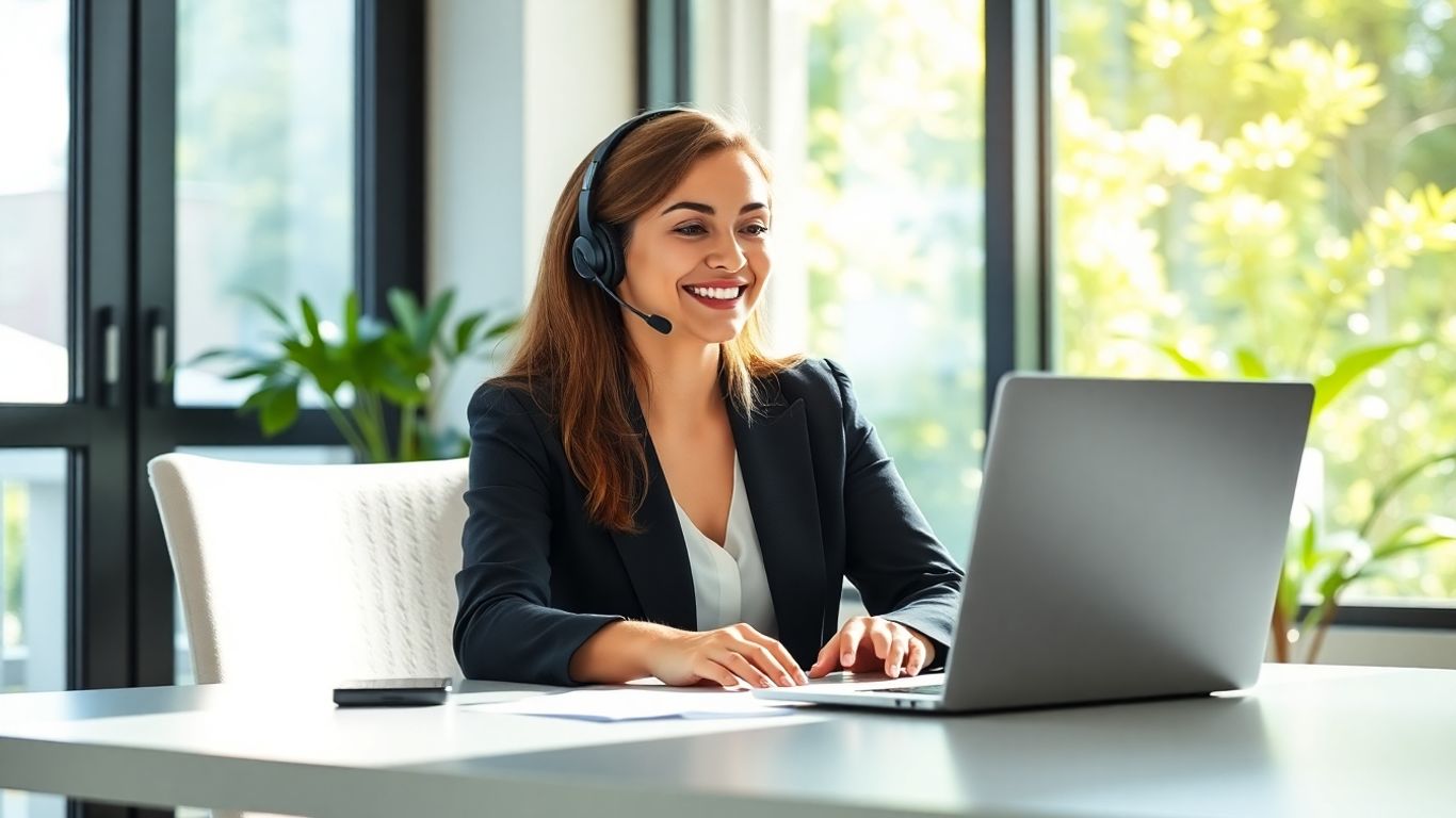 Receptionist with headset at modern desk in office